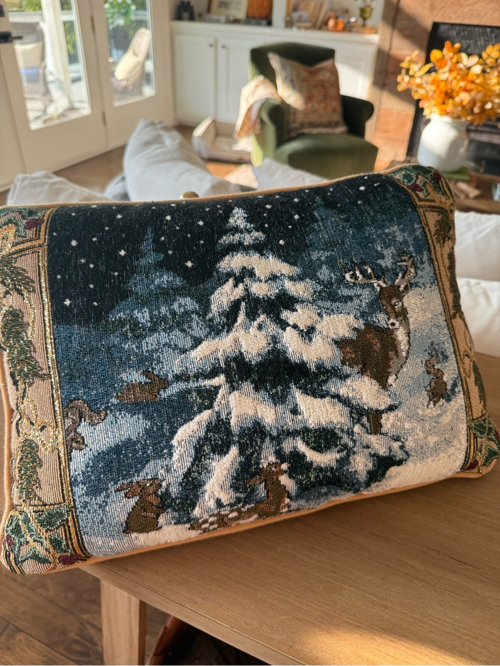 Riverdale Winter Forest Scene Tapestry Pillow Deer Made in USA